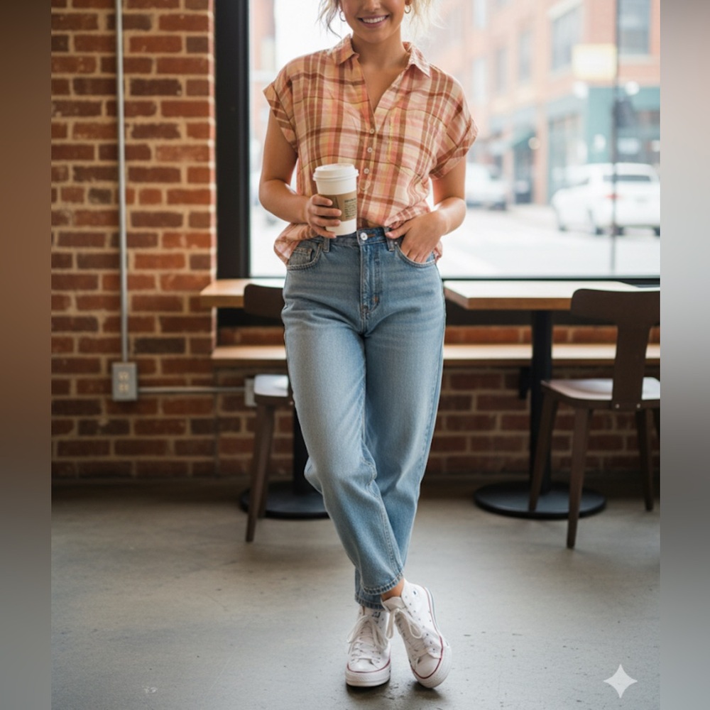 Chap's Peach Plaid Short-Sleeve Button Front Shirt (M)